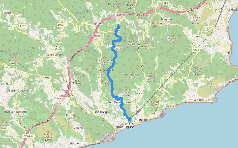 Finalmarina - Altopiano di San Bernardino - San Lorenzino walking route map in Finale Ligure