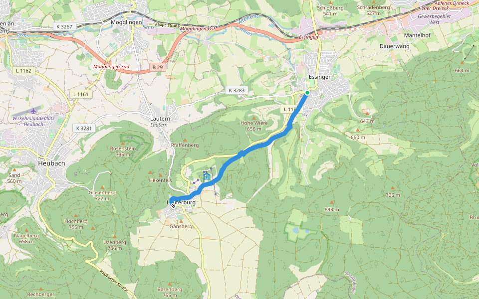 Essingen - Remsursprung - Lauterburg walking route map in Essingen