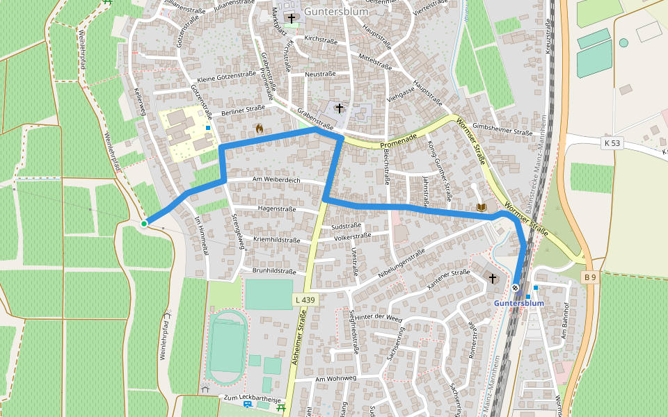 Rheinterrassenweg Zuweg Bahnhof Guntersblum walking route map in Guntersblum