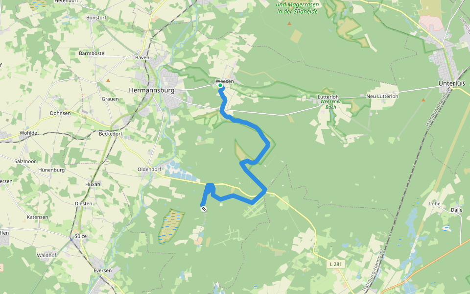 Heidschnuckenweg Etappe 12: Weesen - Dehningshof walking route map in Südheide