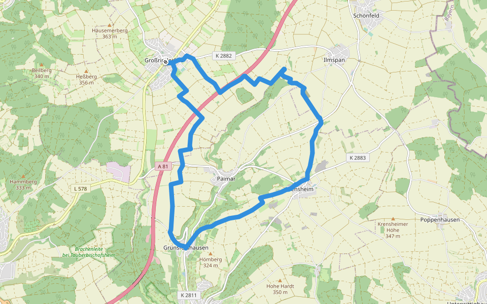 Liebliches Taubertal – Rundwanderweg 11 – Zum Doppeloktogon walking route map in Großrinderfeld