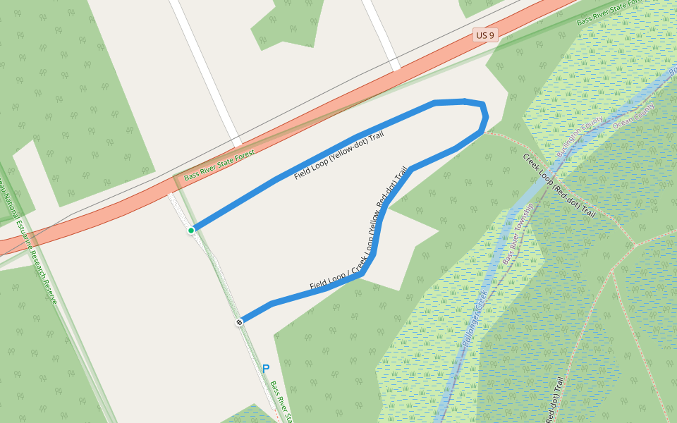 Field Loop (Yellow-dot) Trail walking route map in Tuckerton