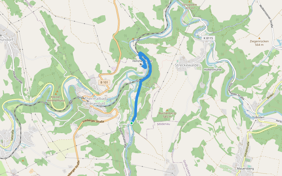 Ww Thermalbad Wiesenbad - Himmelmühle - Anschluss Zschopautalweg walking route map in Thermalbad Wiesenbad