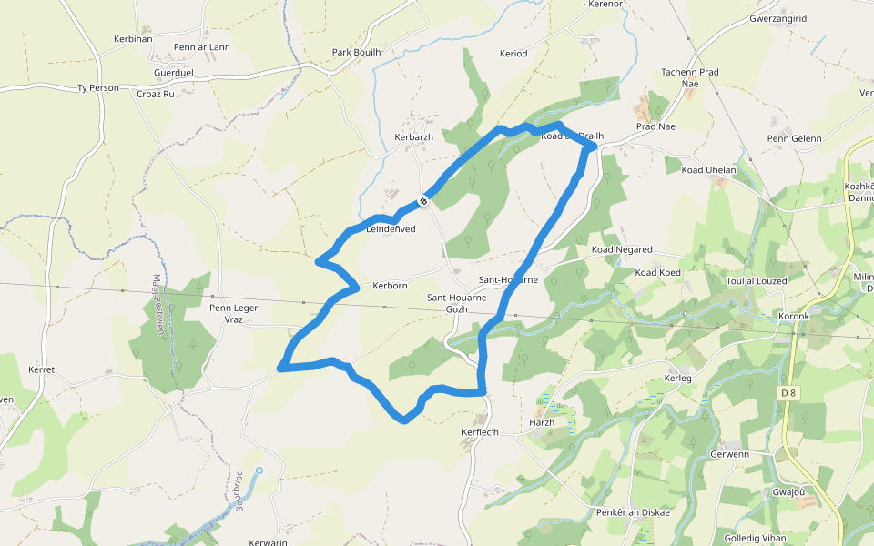 Tro Sant Houarne walking route map in Bourbriac