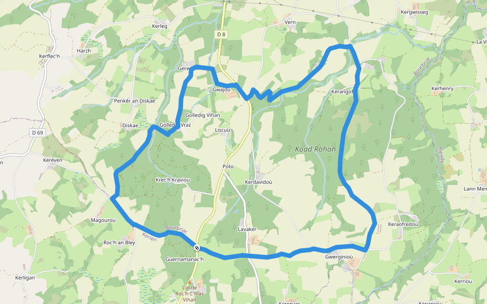 Tro An Tri Eskob walking route map in Bourbriac