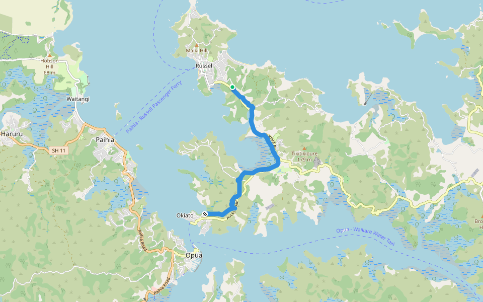 Russell to Okiato walking route map in Russell