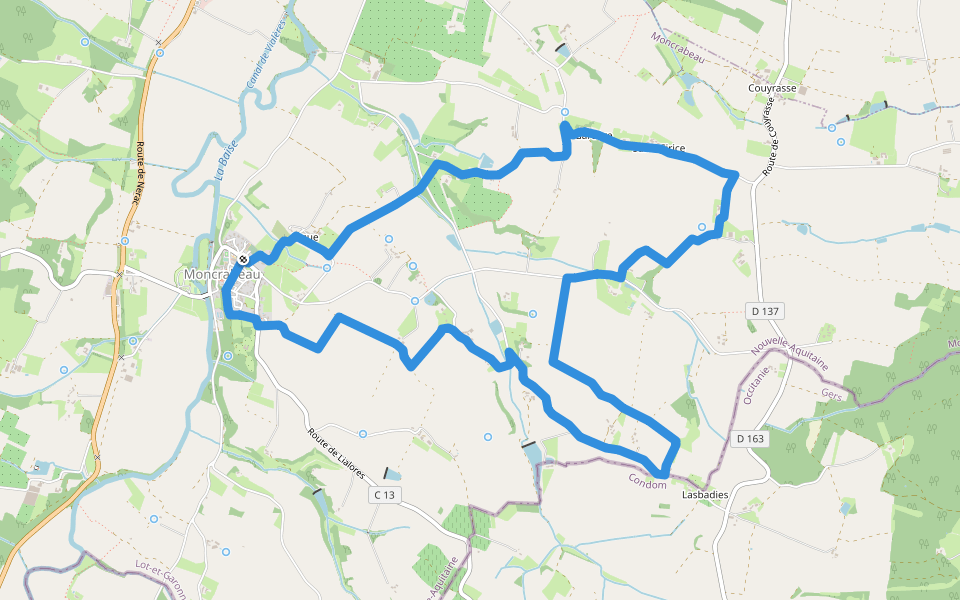 Moncrabeau, le mont des chèvres (variante) 12.4 km walking route map in Moncrabeau