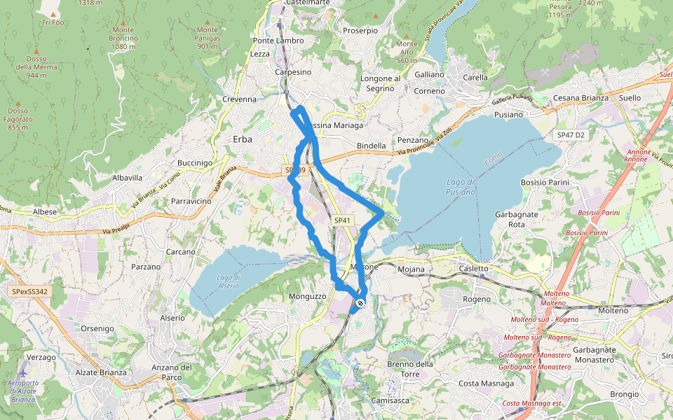 Lambro Gallarana Erba Merone walking route map in Merone