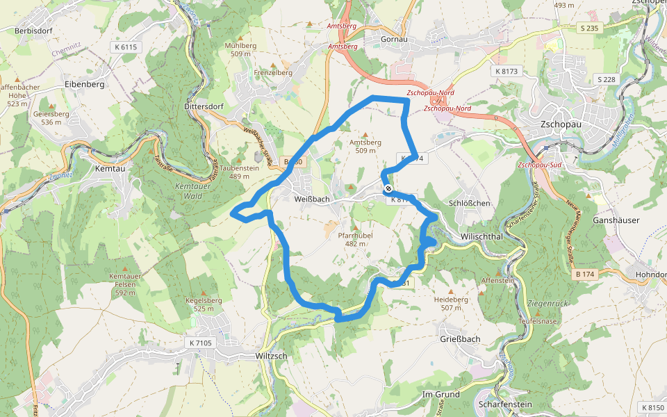 Rundweg Weißbach z.T. fehlende Markierung walking route map in Amtsberg