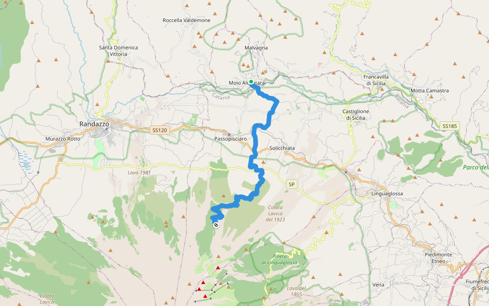 Moio Alcantara - Grotta delle Palombe - Pista Altomontana walking route map in Moio Alcantara