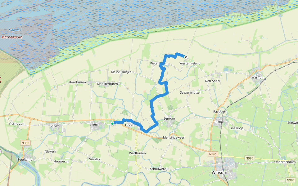Nederlands Kustpad deel 3, sectie 10A1 walking route map in Leens