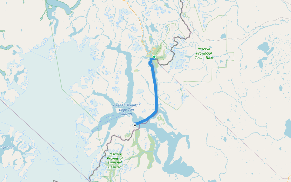 Greater Patagonian Trail Section 37H: Lago O'Higgins walking route map in Villa O'higgins