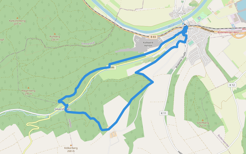 HE2 Wanderung Sievershagener Tal und Övelgönner Hochplateau walking route map in Hehlen