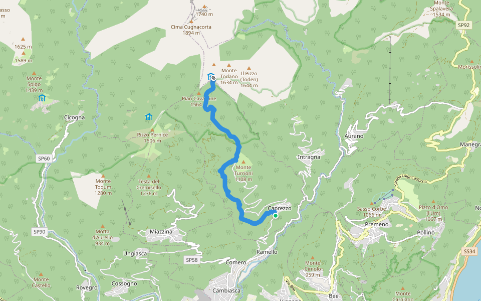 R05 Caprezzo - Pian Cavallone bivio R07 walking route map in Caprezzo