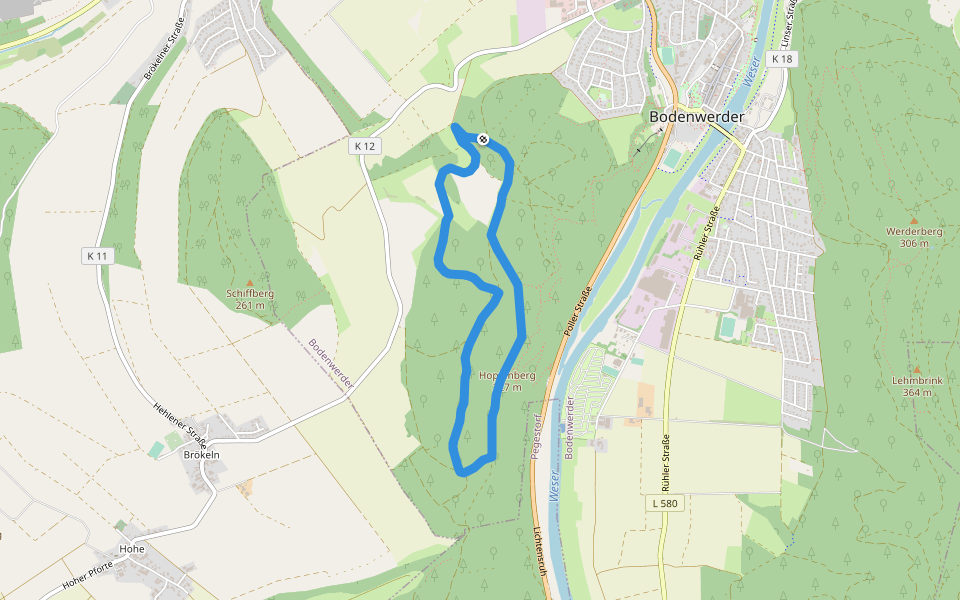 BW1 Hopfenberg und Kemnader Holz walking route map in Bodenwerder