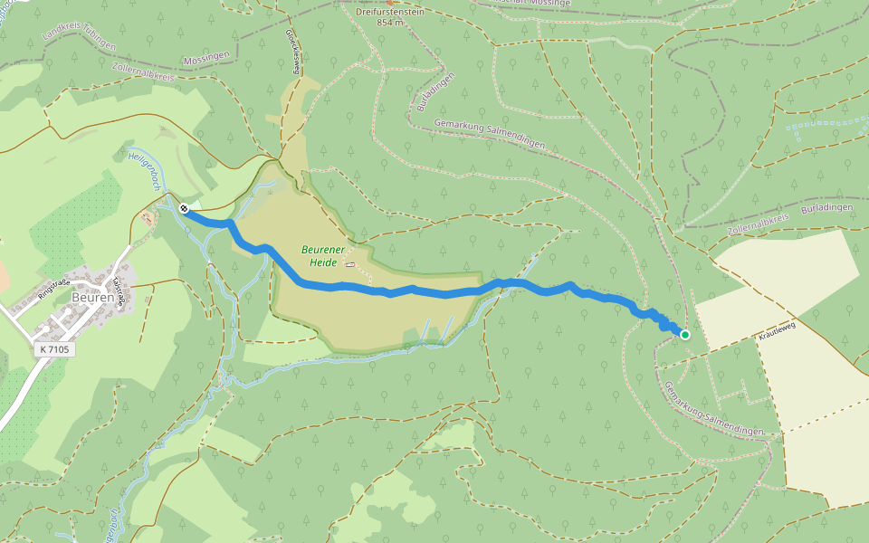 Äußerer Zugangsweg - Wanderparkplatz Beuren - Naturschutzgebiet - HW1 walking route map in Burladingen