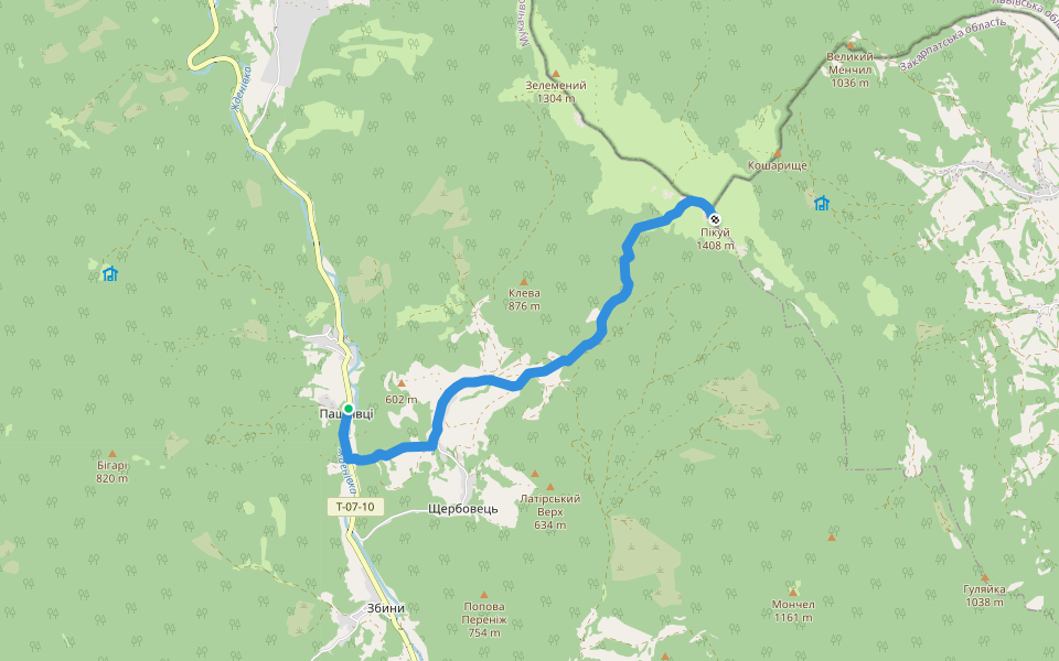 Blue mark (Pashkivtsi Shcherbovets Pikuj) walking route map in Pashkivtsi