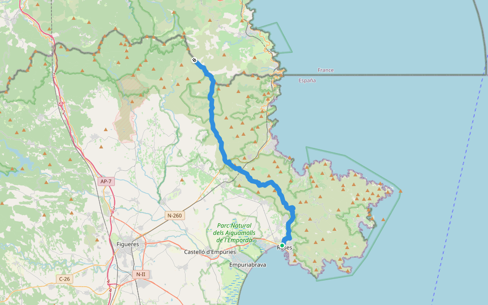 Ruta dels 4 refugis de Tramuntana. Etapa: Roses <=> Refugi del Coll de Banyuls walking route map in Roses