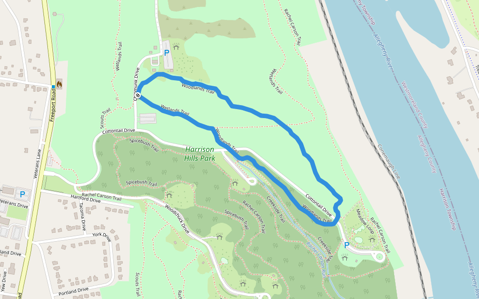 Woodlands Trail walking route map in Natrona Heights
