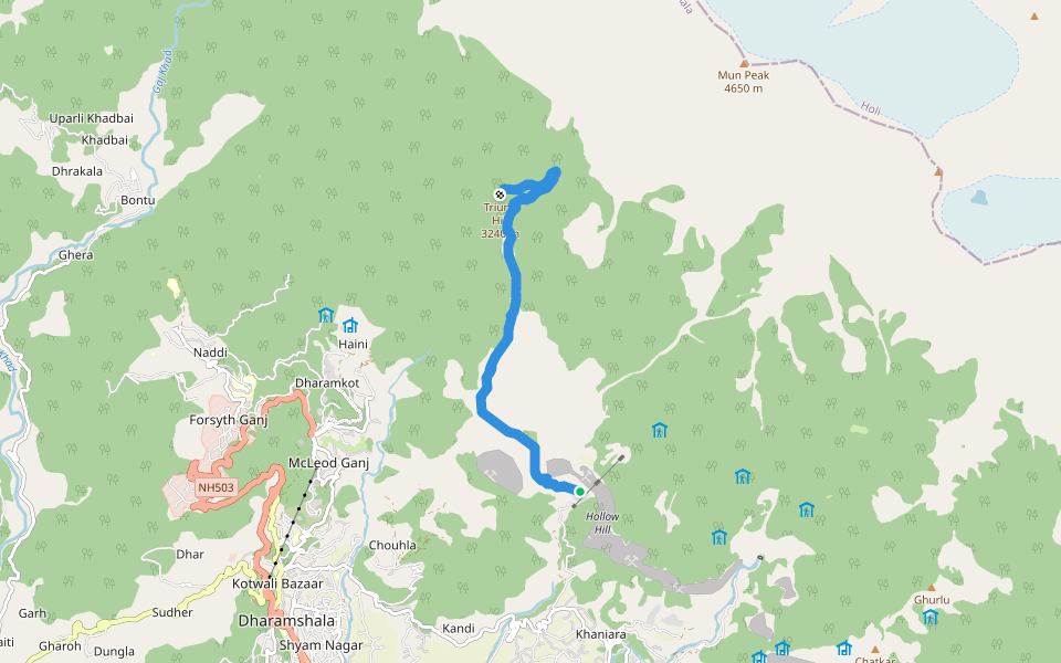Triund Trail walking route map in Khanyara