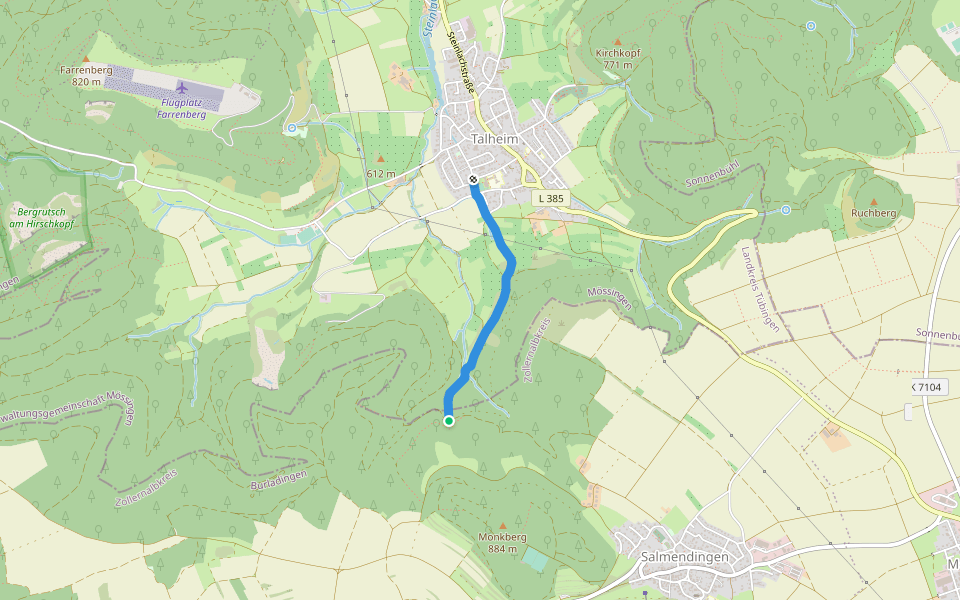 Querweg - Talheim - Weg-7 - Talheim - bis Ende Wasserfall aus Sicht Talheim walking route map in Burladingen