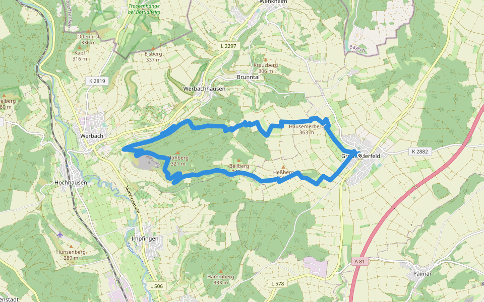 Liebliches Taubertal – Rundwanderweg 8 – Ins Welzbachtal walking route map in Großrinderfeld