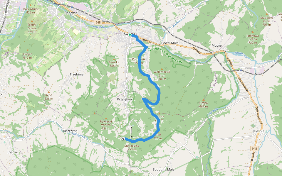 Świnna - Jastrzębica walking route map in Świnna