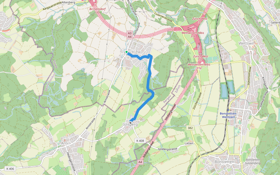 Islisberg - Aesch walking route map in Aesch