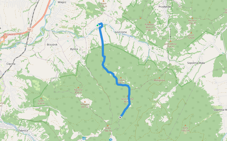Juszczyna PKS - Lachowe Młaki walking route map in Juszczyna