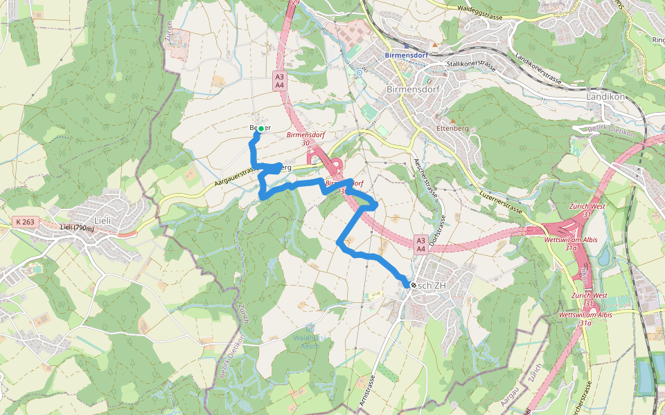 Aesch - Bemer walking route map in Birmensdorf