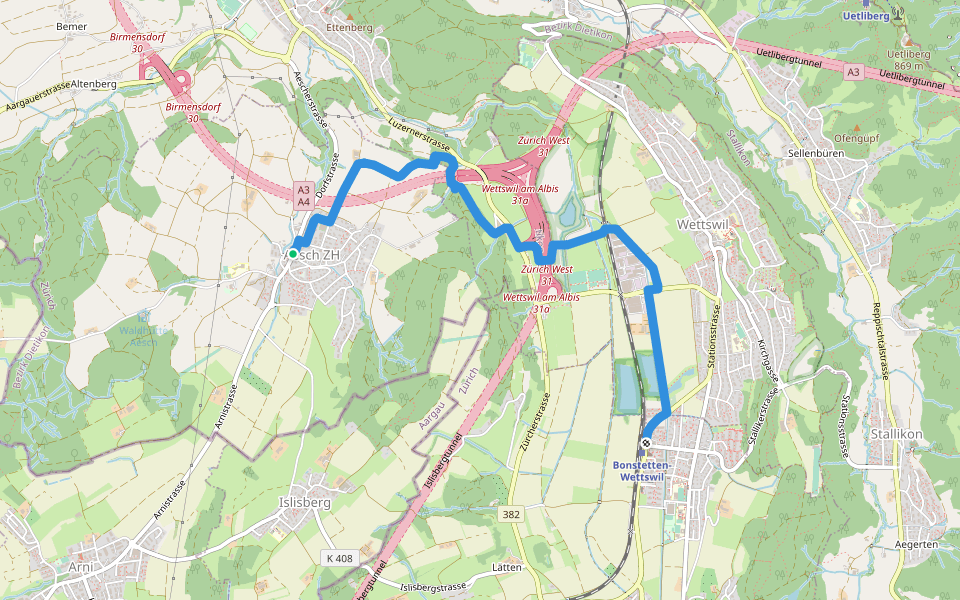 Bonstetten Station - Aesch walking route map in Aesch