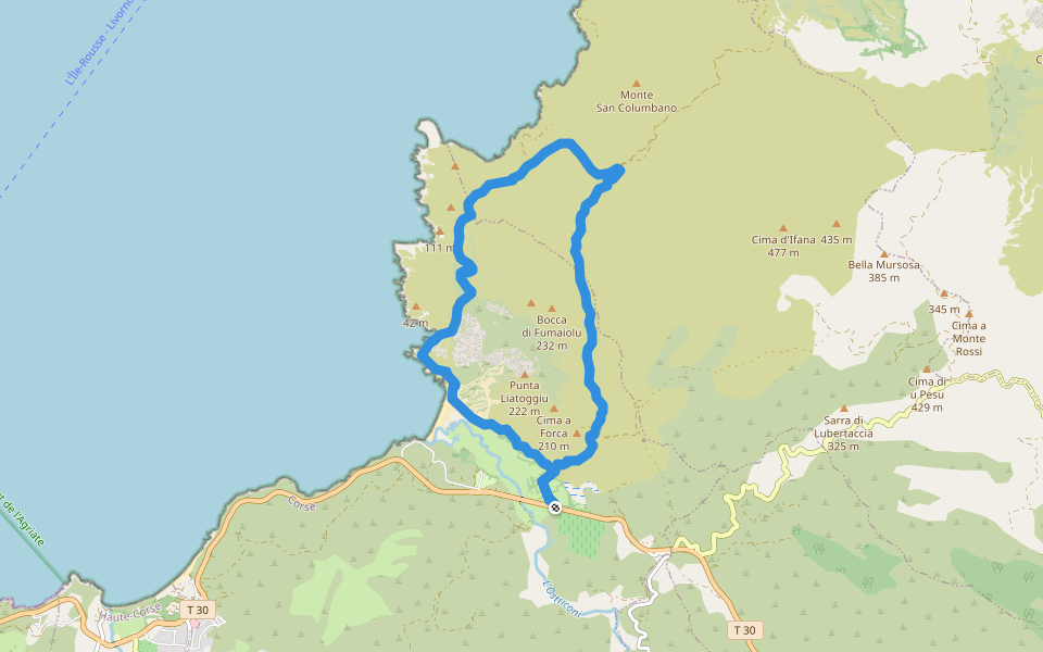 Boucle du massif côtier de la Punta di Tilariu walking route map in Palasca