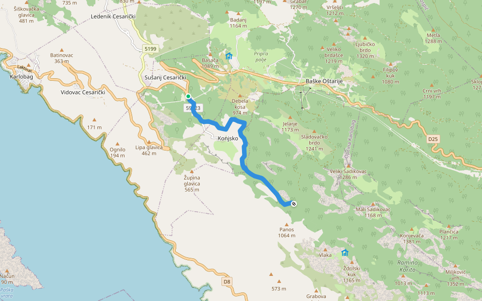 Cesta za Karlobag - Konjsko - Jurkove doline walking route map in Sušanj Cesarički