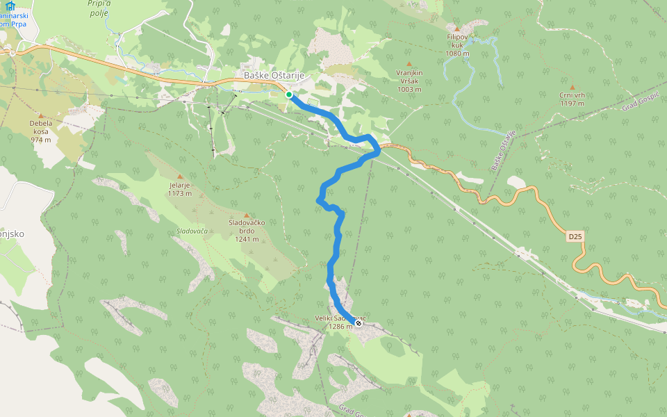 Baške Oštarije - Veliki Sadikovac walking route map in Baške Oštarije