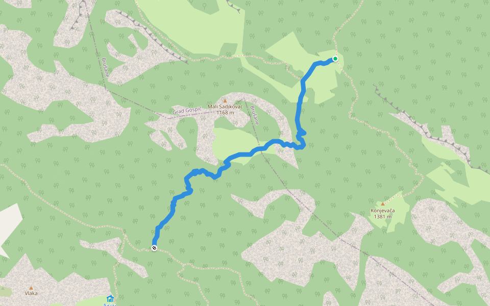 Piskovita kosica - Konjevača sedlo walking route map in Brušane