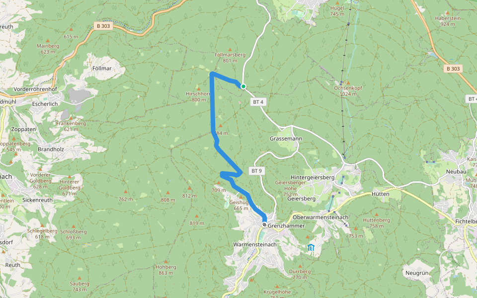 Winterwanderweg Warmensteinach-Täfelein walking route map in Bischofsgrüner Forst