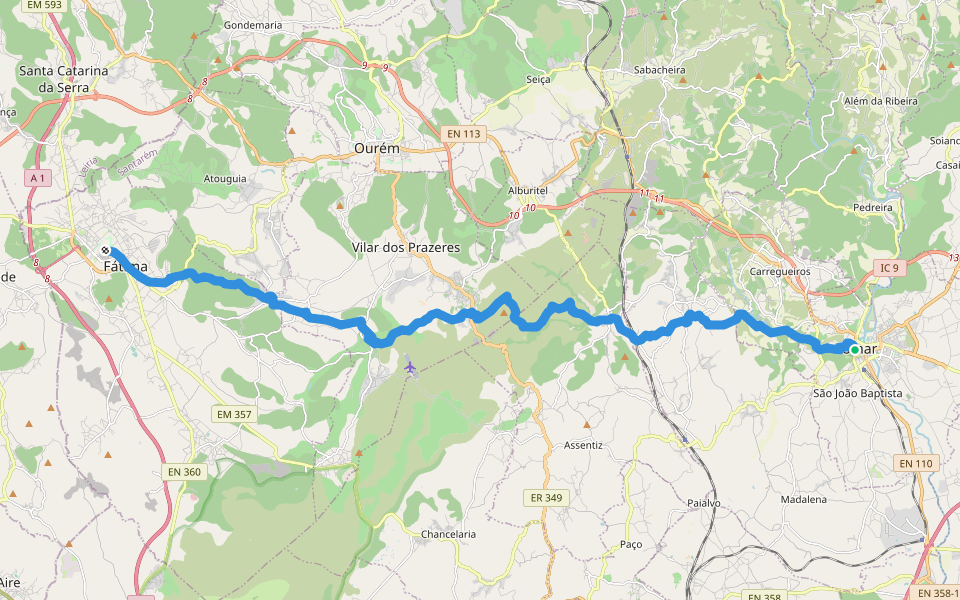 Caminho de Fátima Nacente walking route map in Tomar