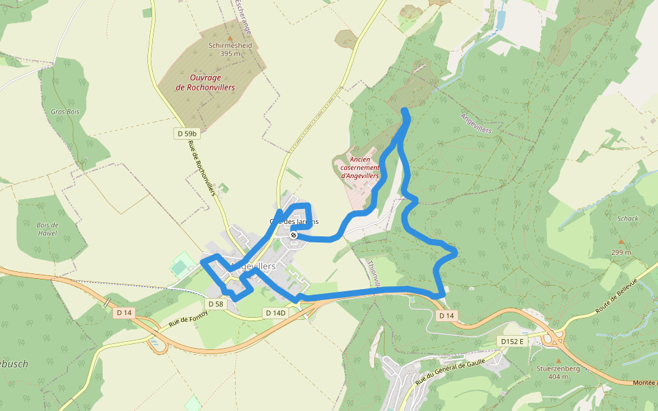 Boucle du Camp Militaire walking route map in Angevillers