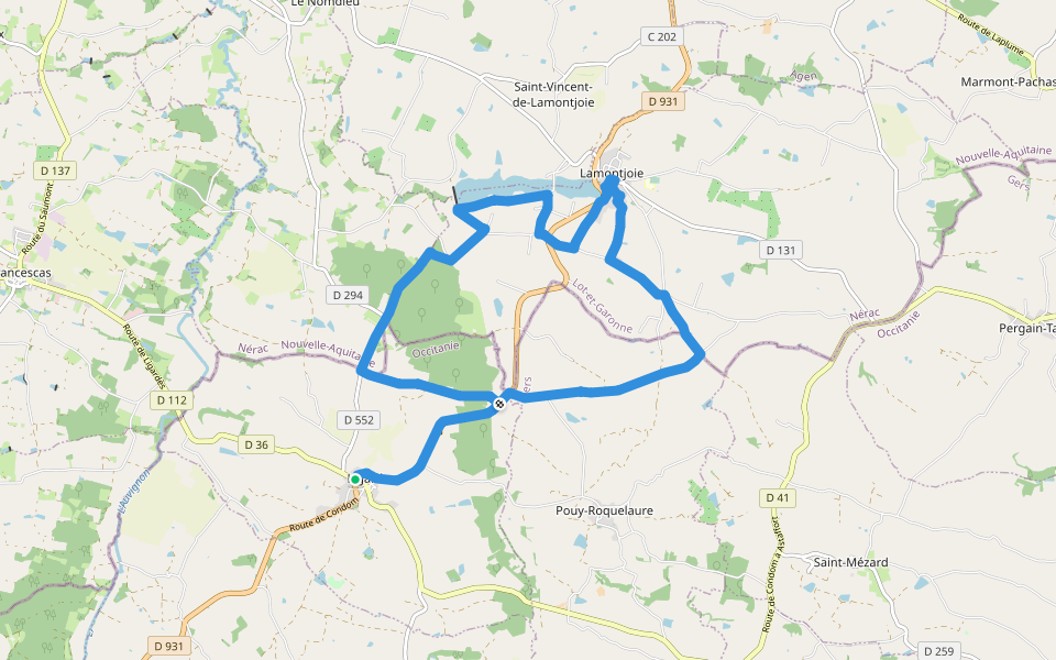 Lamontjoie, un cheminement de Lot-et-Garonne en Gers 13.6 km walking route map in Ligardes