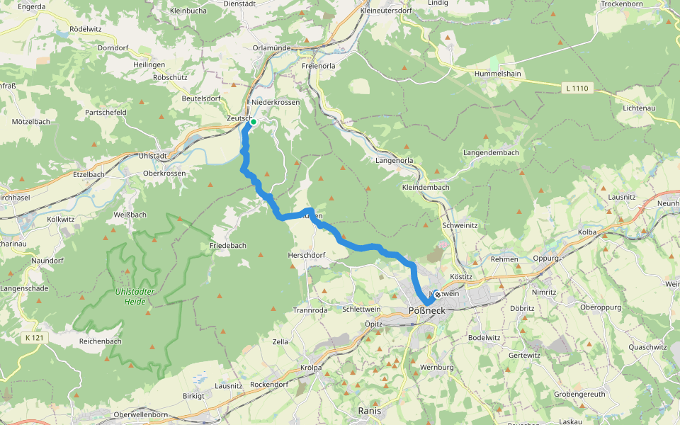 Wanderweg Zeutsch-Pößneck (Gelber Balken) walking route map in Uhlstädt-Kirchhasel