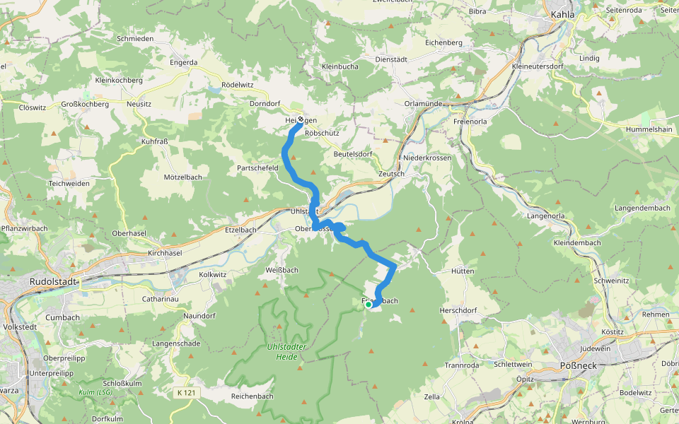 Wanderweg Friedebach-Uhlstädt-Heilingen (grüner Balken) walking route map in Krölpa