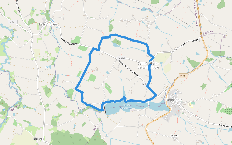 Saint-Vincent-de-Lamontjoie, balade vers le lac de Lambronne variante 8 km walking route map in Saint-Vincent-de-Lamontjoie