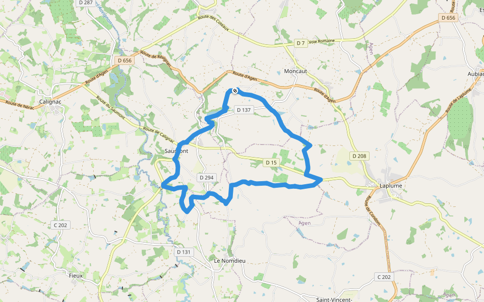 Le Saumont, randonnée autour du mont boisé 14.2 km walking route map in Moncaut