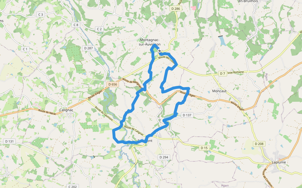 Le Saumont vers Montagnac, par les Grand et Petit Auvignon 15.1 km walking route map in Montagnac-sur-Auvignon
