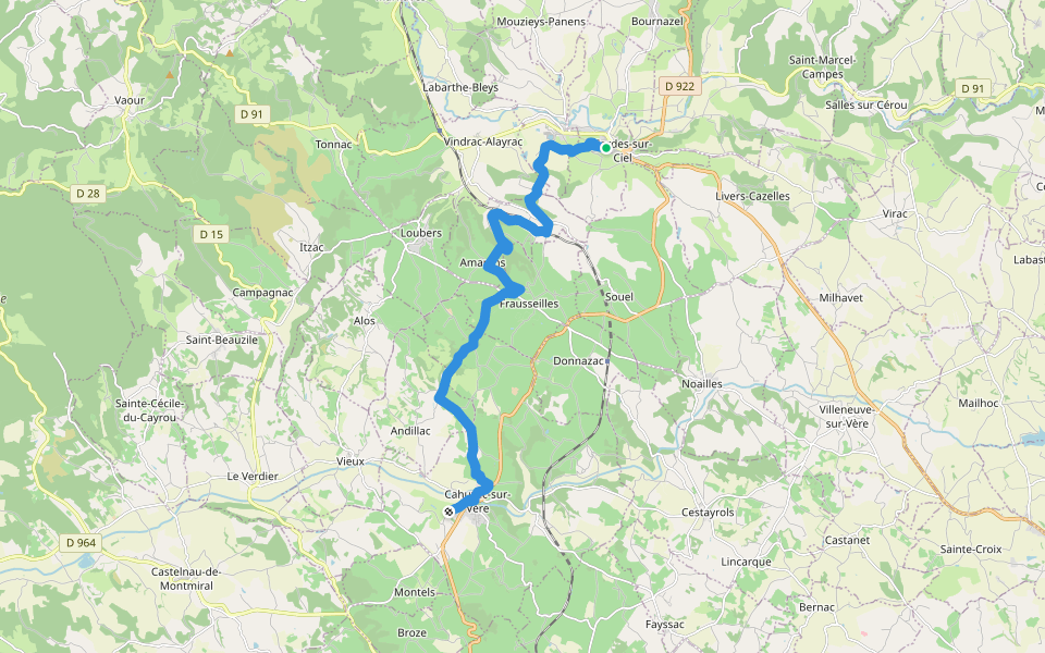 Chemin de Conques à Toulouse, Cordes-Cahuzac walking route map in Cordes-sur-Ciel