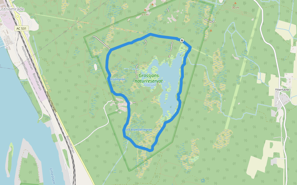 Grössjön runt walking route map in Umeå