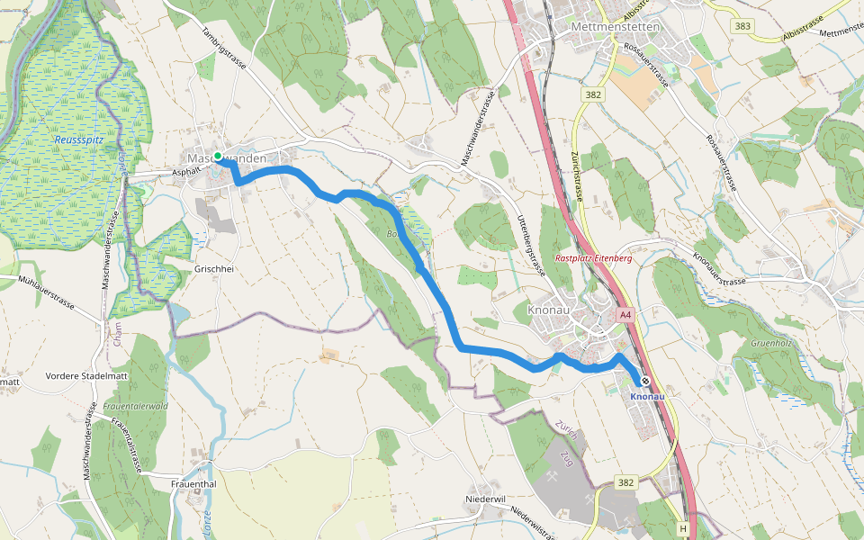 Maschwanden - Knonau walking route map in Maschwanden