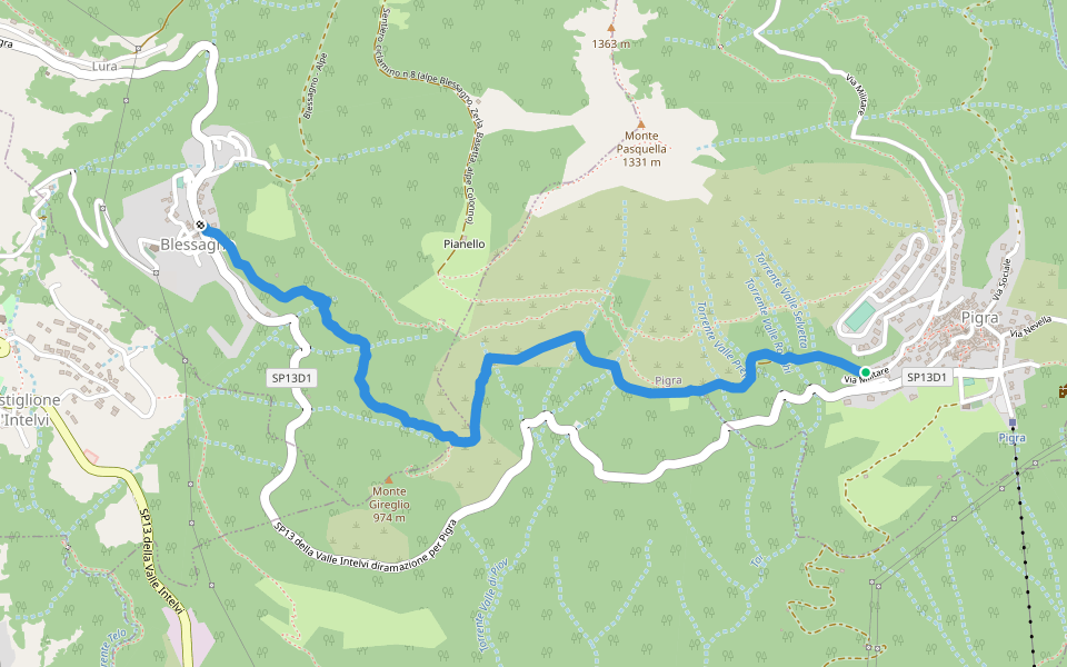 Mulattiera Pigra - Blessagno walking route map in Pigra