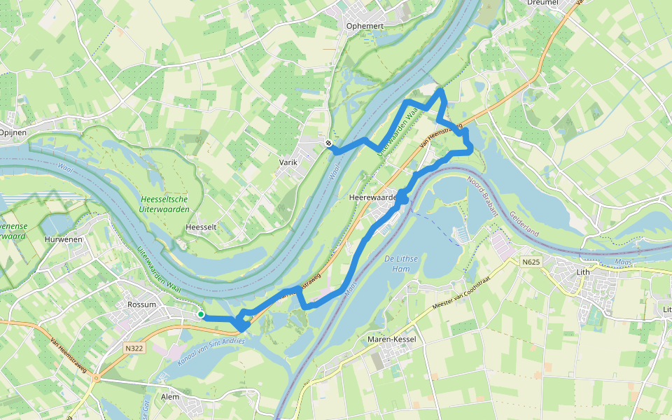 Maarten van Rossumpad - 03a - Variant via veerpont walking route map in Rossum