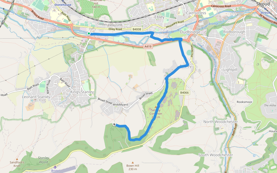 Cotswold Way (Selsley Common route) walking route map in Ryeford